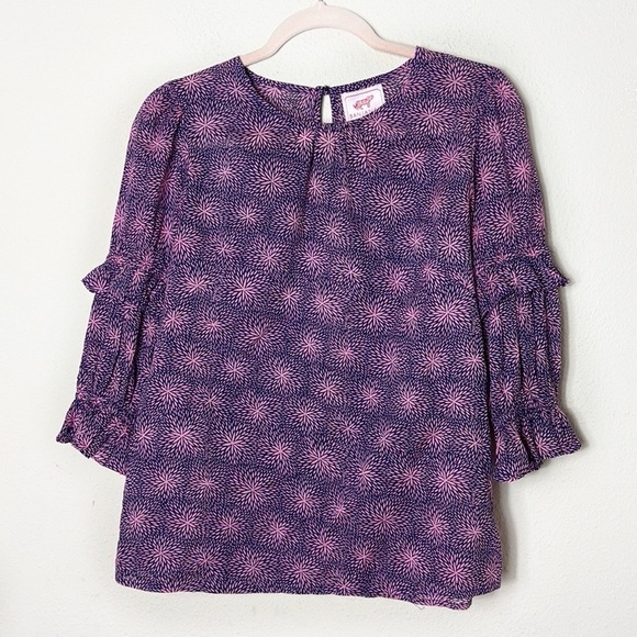 Banjanan Chloe top Petal Power Blueprint Purple blue Ruffle Sleeve Top sz Small - Picture 11 of 11